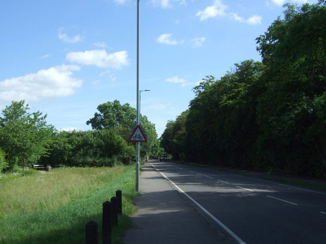 The tree-lined A505 Cambridge Road heading north-east out of Hitchin